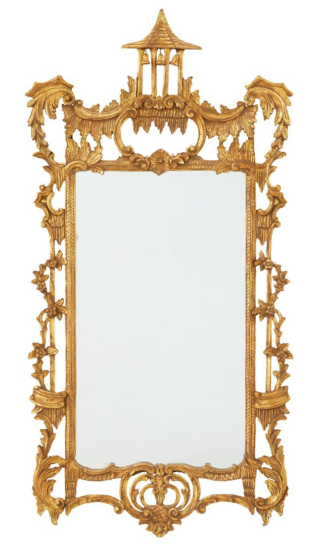 Giltwood Mirror in the Chinese Chippendale Taste: Giltwood Mirror in the Chinese Chippendale Taste second half 20th century, the pierced crest with a pagoda, hung with temple bells supported on scrollwork, the sides with carved leaves and scrollwork,