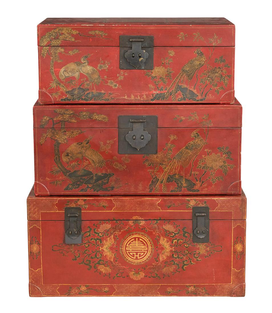 Set of Three Nested Chinese Red Trunks (1 of 4)