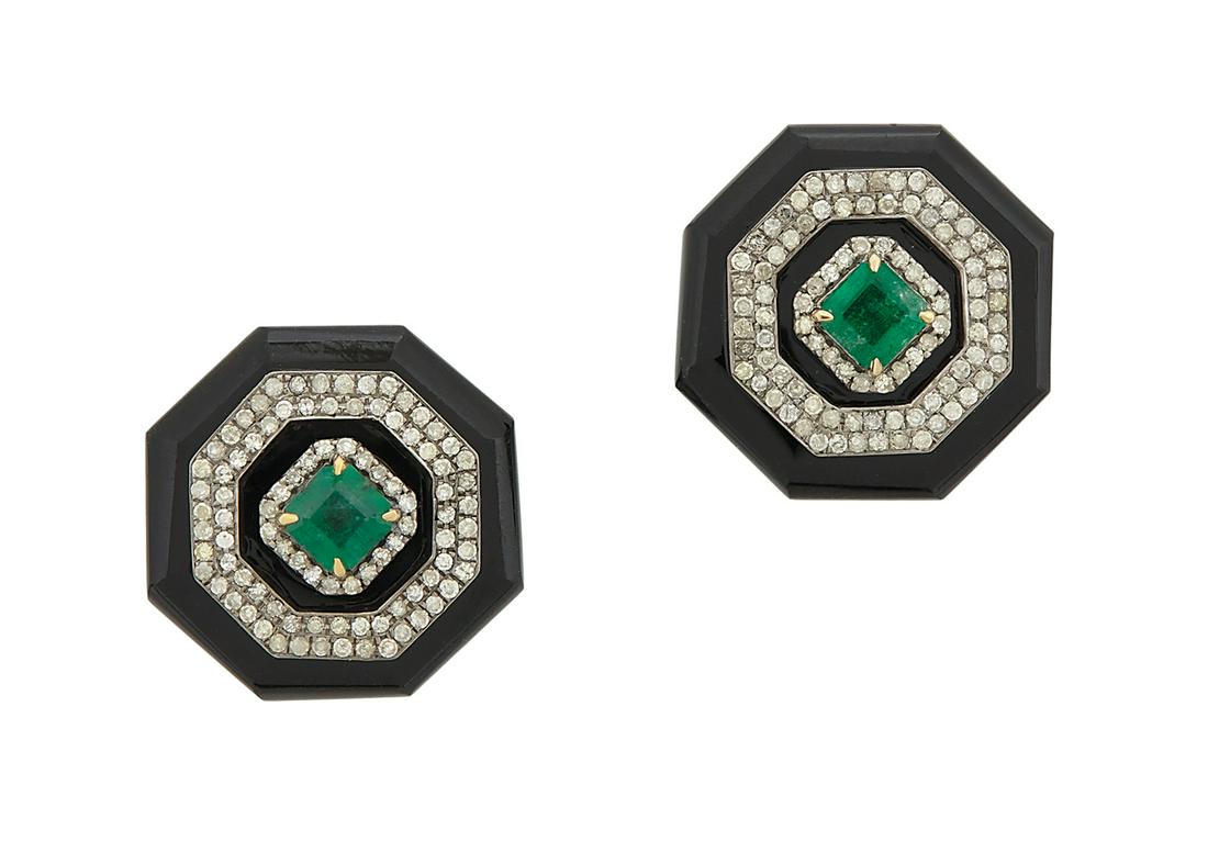 Pair of Emerald, Diamond and Onyx Earrings (1 of 1)
