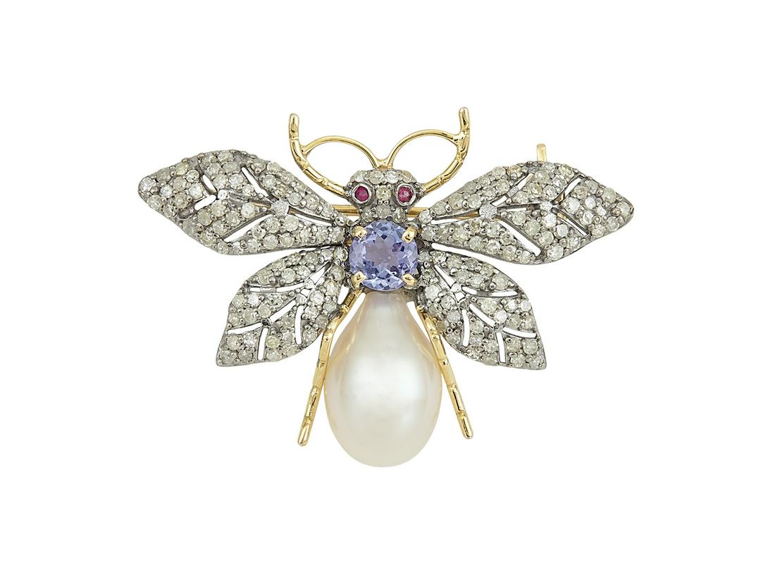 Tanzanite, Diamond and Pearl Bee Brooch: Tanzanite, Diamond and Pearl Bee Brooch 14k yellow gold/sterling silver, the lower body of the brooch mounted with a teardrop-shaped cultured pearl with a good luster, and the upper body mounted with 