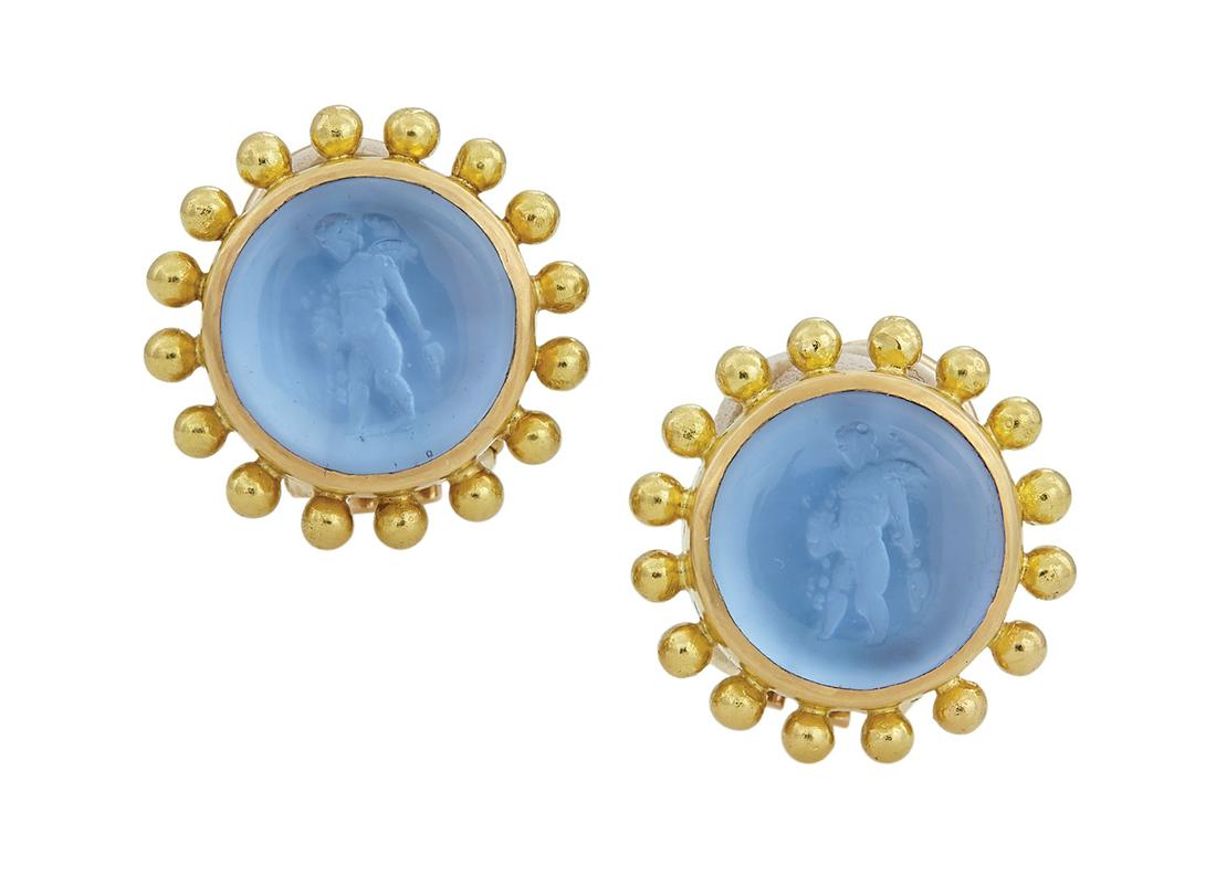 Pair of Elizabeth Locke Earclips: Pair of Elizabeth Locke Earclips 18k yellow gold, the earrings with retractable posts, and mounted with a Venetian glass intaglio of a putto, stamped "18K" and with the Elizabeth Locke logo. dia. 7/8"