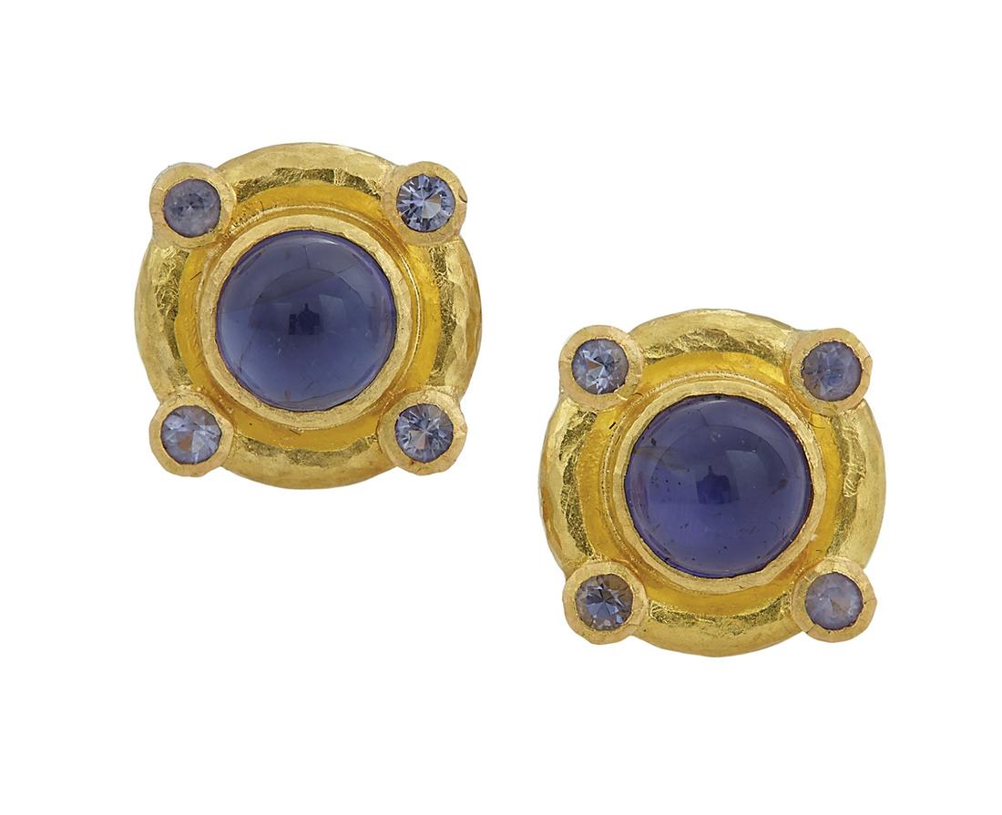 Pair of Elizabeth Locke Earclips: Pair of Elizabeth Locke Earclips 18k yellow gold, the earrings mounted with cabochon-cut and faceted iolites, stamped "18K" and with the Elizabeth Locke logo. dia. 5/16", total weight 3.0 grams