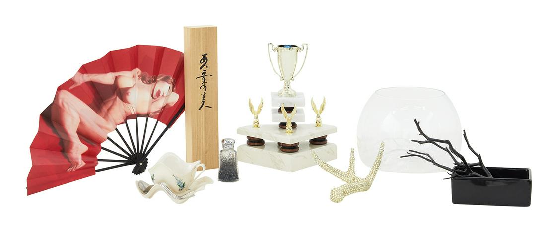 Gifts from the Peter Norton Christmas Collection: Seven Gifts from the Peter Norton Christmas Collection including Yasumasa Morimura (Japanese, b. 1951), "Aimai-no-bi/Ambiguous Beauty", 1995, printed fan, fan open h. 11-1/2" x 19", in a wooden box, 2