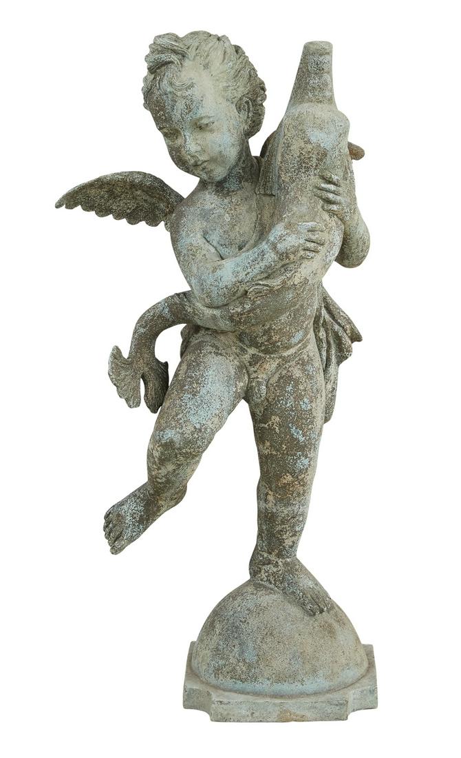 Bronze Fountain of a Cherub: Bronze Fountain of a Cherub 20th century, the cherub perching on one foot, atop a semi-spherical base, and supporting a dolphin, spewing water into a pool below. h. 36", w. 18", d. 14-1/2"