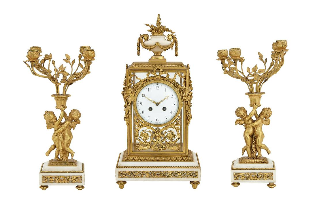 French Gilt-Bronze & Marble Three-Piece Clock Set (1 of 5)