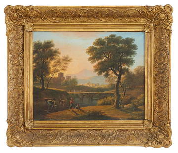 Circle of Jean-Victor Bertin (French, 1767-1842): Circle of Jean-Victor Bertin (French, 1767-1842) "Italian Landscape with Herders by a Stream" oil on canvas verso with "Christie's East" inventory label. Framed. 13" x 16-1/2", framed 19" x 22-1/2"