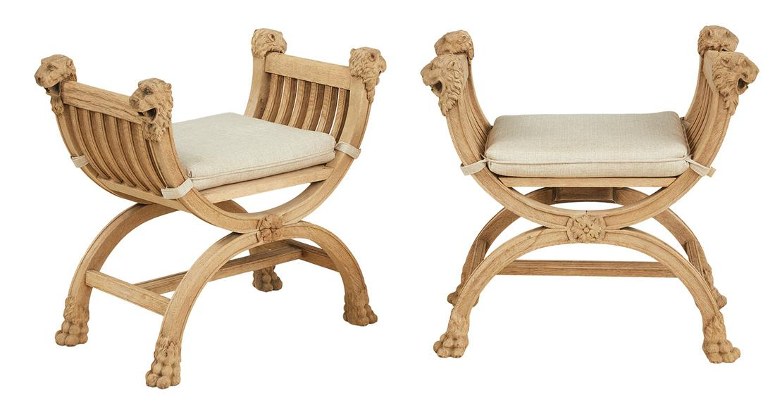 Pair of Regency-Style Oak Curule Benches (1 of 4)