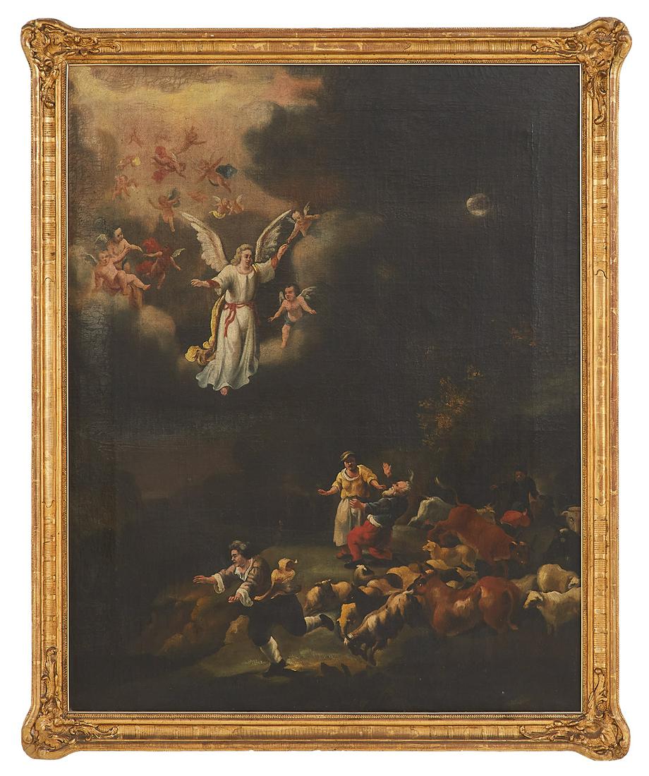 Continental School (19th Century): Continental School (19th Century) "Annunciation to the Shepherds" oil on canvas unsigned. Framed. 44" x 35-1/2", framed 50-1/2" x 40-1/2"