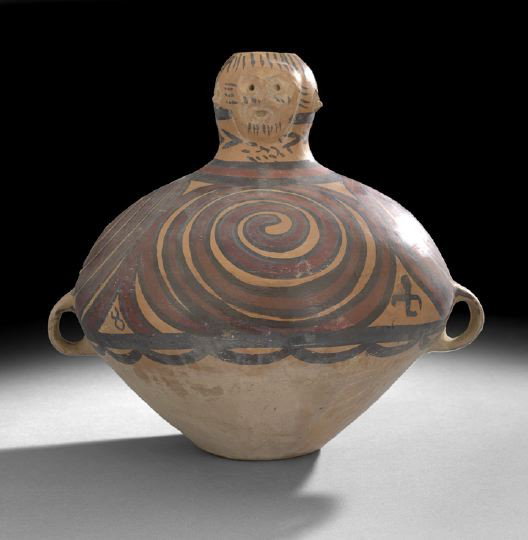 Chinese Neolithic Painted Pottery Storage Jar: Chinese Neolithic Painted Pottery Storage Jar, Neolithic Period (4000-25000 BC), the flattened globular body with two loop handles at the midriff and a bulbous neck with a human face, the upper body p