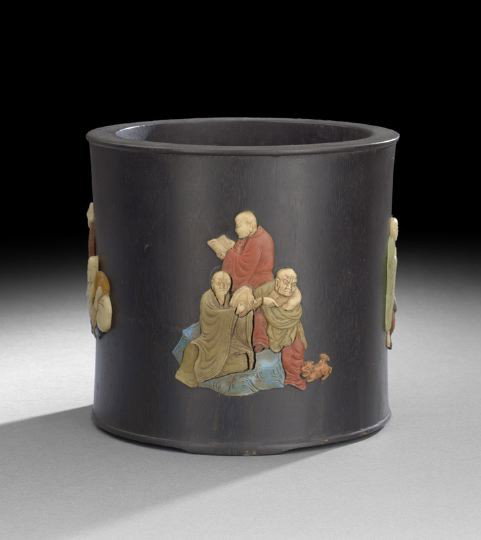 Chinese Rosewood and Shoushan Decorated Brush Pot: Large Chinese Rosewood and Shoushan Decorated Brush Pot, 19th century, of circular outline embellished with three groups of Lohan and calligraphic inscription with seal, each of applied varicolored Sh