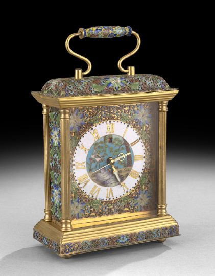 Chinese Enamel and Gilt-Brass Carriage Clock: Chinese Enamel and Gilt-Brass Carriage Clock, 20th century, the champleve case with scrolling foliage and lotus blossoms, the cloisonne round face with a crane, pine trees and rockwork, a small window