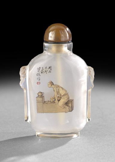 Fine Chinese Inside Painted Glass Snuff Bottle: Fine Chinese Inside Painted Glass Snuff Bottle, by Liang Hui, 1999, painted on one side with a Yixing teapot, seal and calligraphy, the reverse with a potter at his bench working the clay, the bottle 