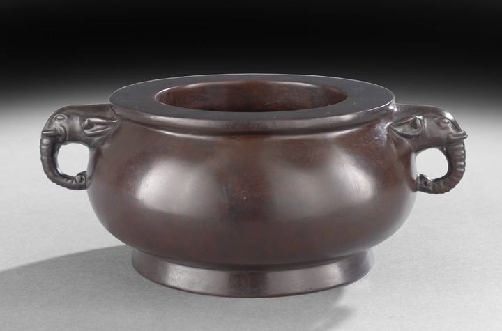 Good Chinese Carved Zitan Incense Burner: Good Chinese Carved Zitan Incense Burner, second half 19th century, of bombe form resting on a slightly splayed foot and having two handles carved as elephant heads with downturned trunks, the well-ho