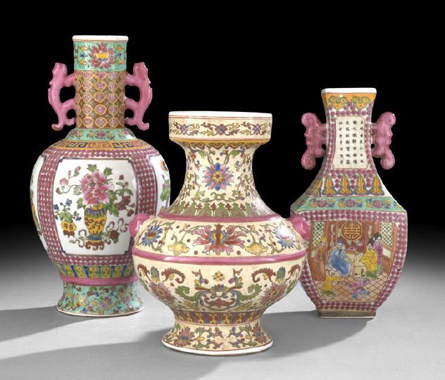 Group of Three Chinese Polychrome Porcelain Vases: Group of Three Chinese Polychrome Porcelain Vases, consisting of a bottle vase with shaped handles over a body with reserve panels of floral vases on an annulated raspberry ground, h. 15-1/2", a squar