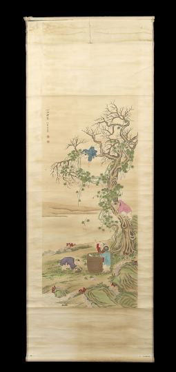 Chinese Hanging Scroll by Wang Su (1794-1877): Fine Chinese Ink and Color on Paper Hanging Scroll by Wang Su (1794-1877), finely painted as a group of boys in a tree and on the ground harvesting grapes from a vine entwined in the tree while the bo