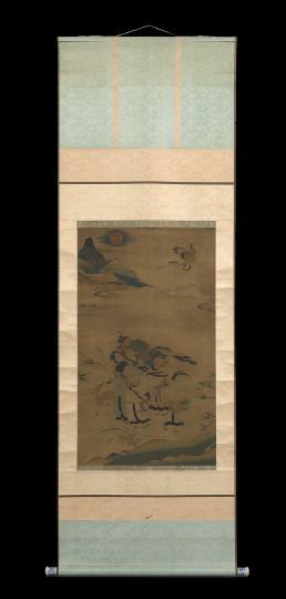 Important and Rare Chinese Kesi Panel: Important and Rare Chinese Kesi Panel Now Mounted as a Scroll, 17th century, the finely woven panel depicting the Eight Immortals in a landscape with a spotted deer, ling-chih and bamboo in the foregr