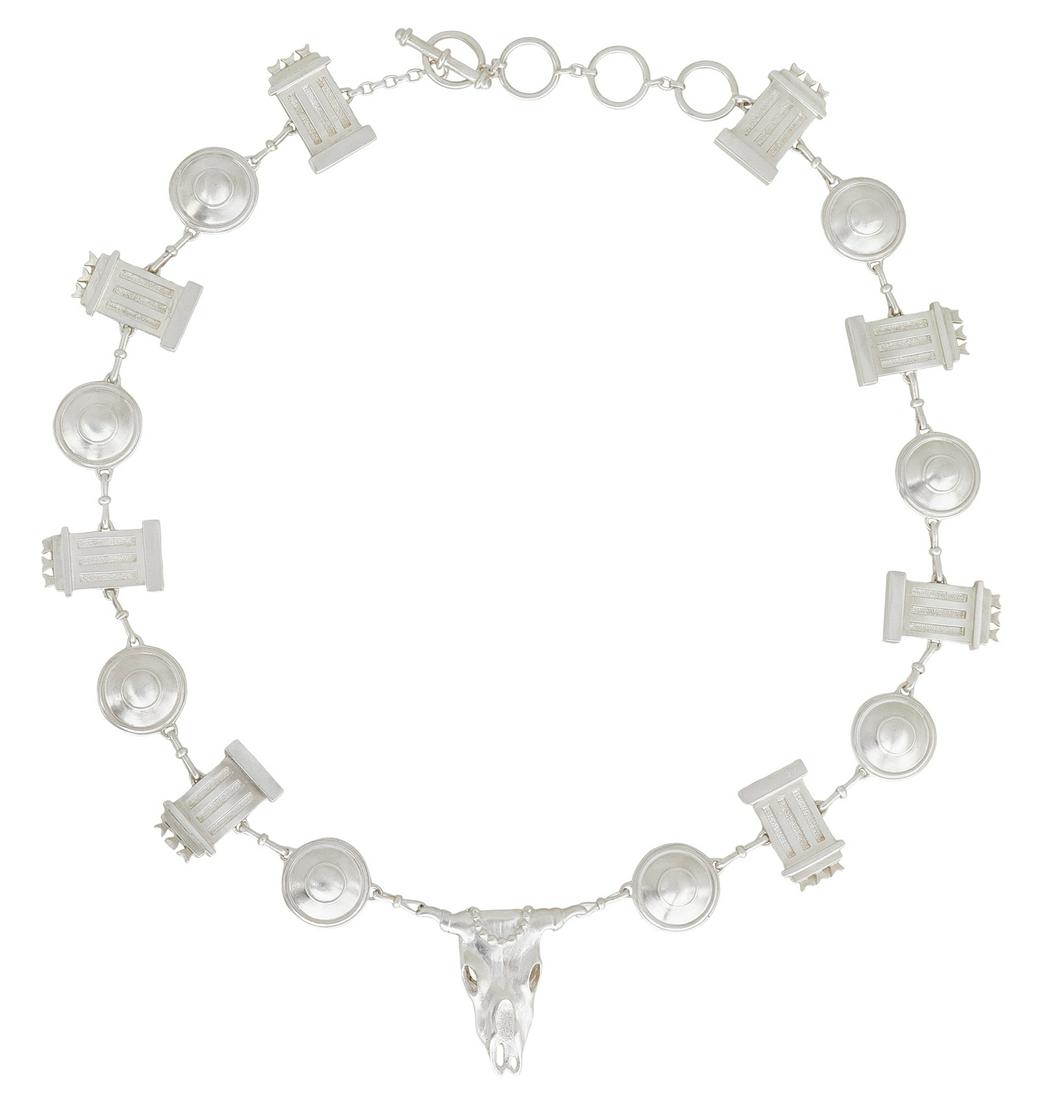 Mignon Faget "Triglyph/Bucranium/Bull's Eye" Belt: Mignon Faget "Triglyph/Bucranium/Bull's Eye" Belt sterling silver, the belt marked "Mignon Faget '92 #1 Sterling", together with a Mignon Faget pouch. adjustable l. 28", 29", 30" and 31", total weight