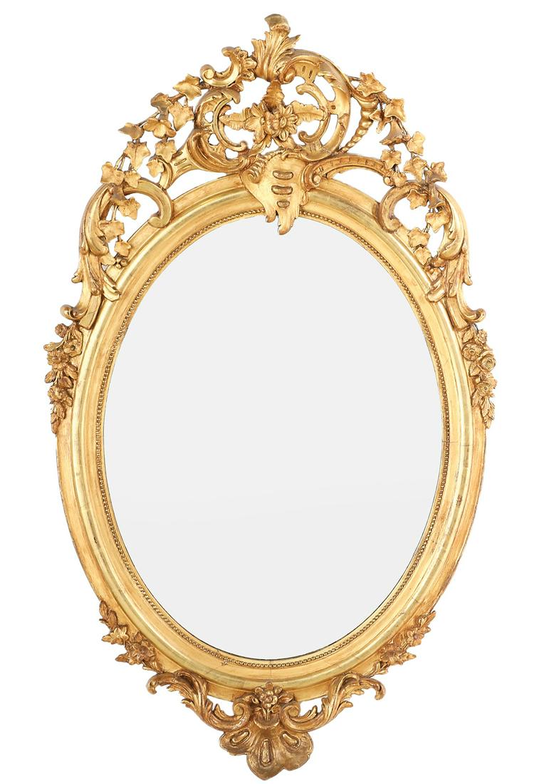 Louis-Philippe Giltwood Mirror: Louis-Philippe Giltwood Mirror in the Rococo Taste mid-19th century, the ogee-molded giltwood surround lined with beading, with a top crest decorated with pierced scrollwork and trailing morning glori
