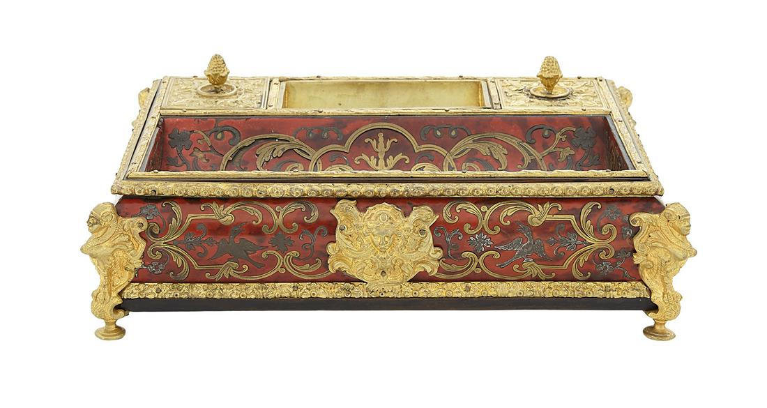 French Gilt-Bronze and Boullework Encrier: French Gilt-Bronze and Boullework Encrier fourth quarter 19th century, in the Louis XIV taste, the bombe sides and pen holder decorated with boullework depicting birds and scrollwork, the corners with