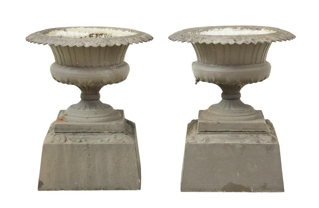 Pair of Cast Iron Garden Urns on Stands (1 of 3)