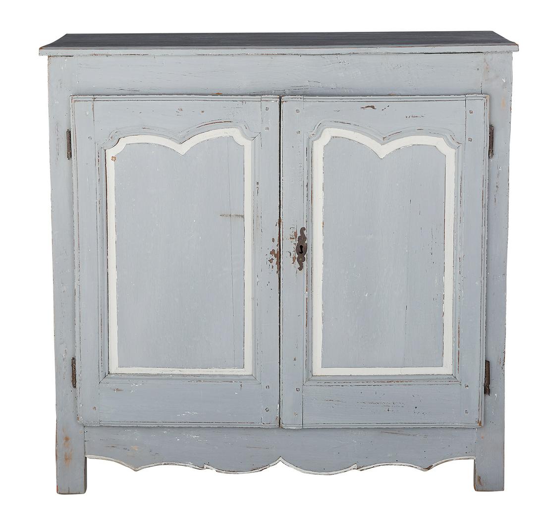 French Provincial Polychromed Buffet: French Provincial Polychromed Buffet 19th century and later, the rectangular top above a conforming case fitted with two cupboard doors, each inset with a shaped panel, raised above a scalloped apron 