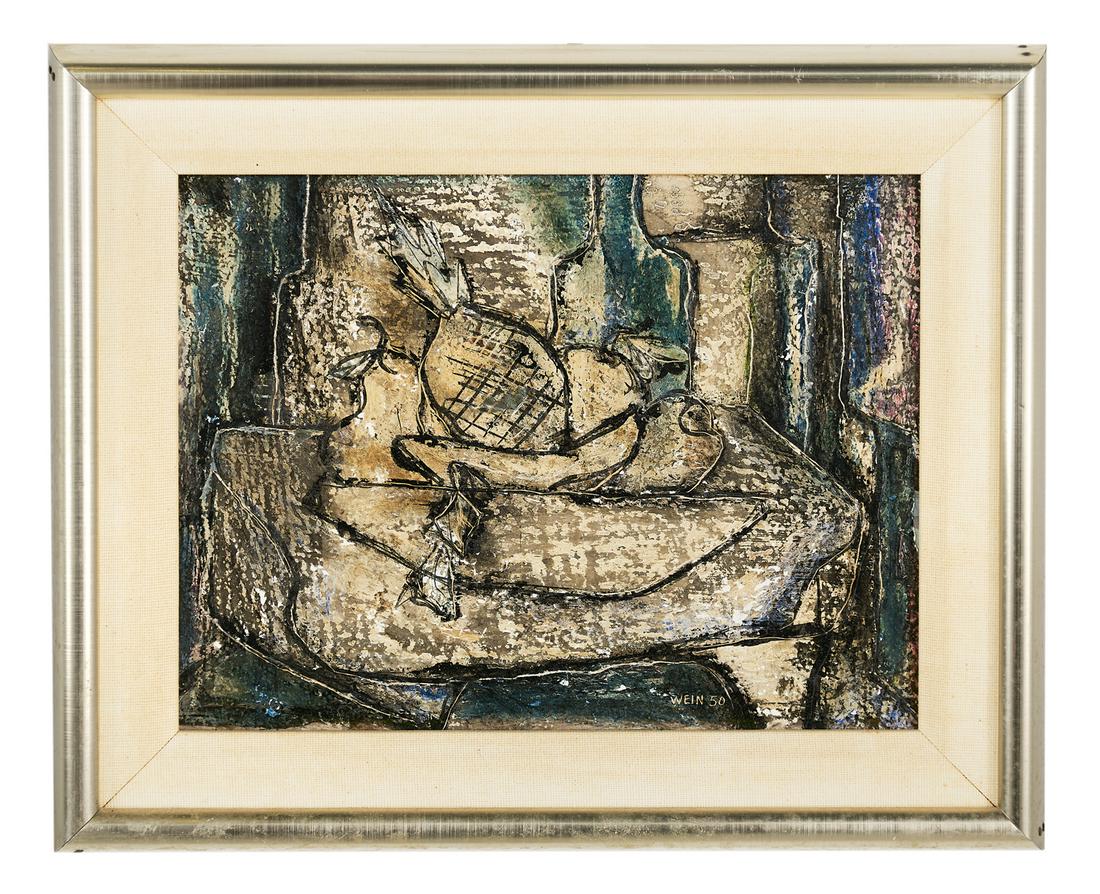 Albert Wein (American/New York, 1915-1991): Albert Wein (American/New York, 1915-1991) "Still Life", 1950 oil on board signed and dated lower right. Framed. 8-1/2" x 11", framed 11-1/2" x 14"