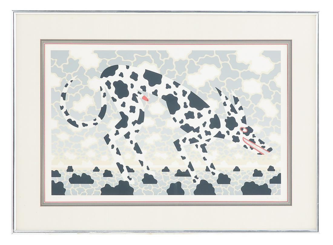 Robert Gordy (American/Louisiana, 1933-1986): Robert Gordy (American/Louisiana, 1933-1986) "Landscape with Spotted Dog, #1", 1976 color screen print pencil-signed and numbered "71/75" lower margin. Matted, glazed and framed. sight 20-1/2" x 31",