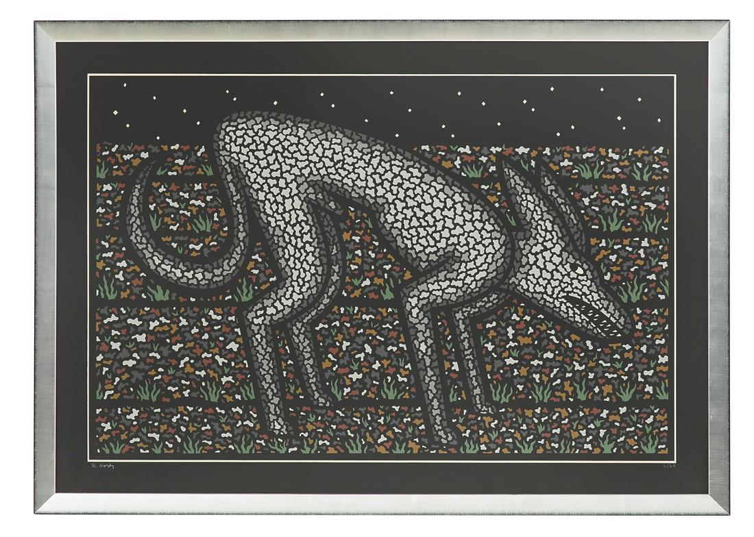 Robert Gordy (American/Louisiana, 1933-1986): Robert Gordy (American/Louisiana, 1933-1986) "Gray Dog" color silkscreen signed and numbered "6/65" lower margin. Glazed and framed. sight 26" x 38", framed 28-1/4" x 40-1/4" Provenance: Collection of