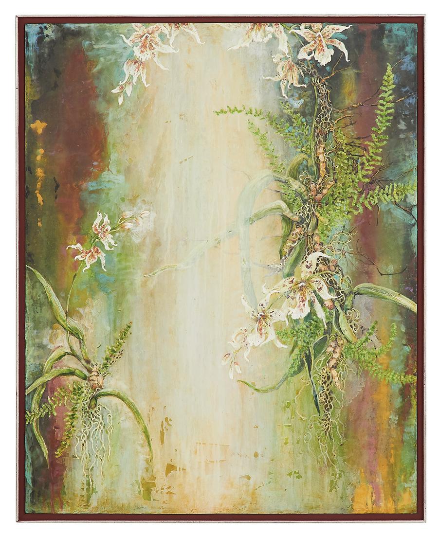 Michelle Haglund (American, 20th/21st Century): Michelle Haglund (American, 20th/21st Century) "Orchid Eden", 2009 encaustic and mixed media on wood panel signed, titled and dated, and "Gail Severn Gallery, Ketchum, ID" label with artist and title