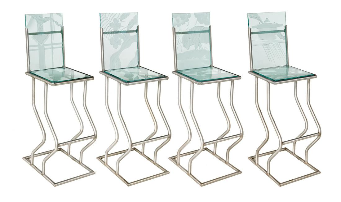 Four Tubular Metal and Etched Glass Barstools (1 of 6)