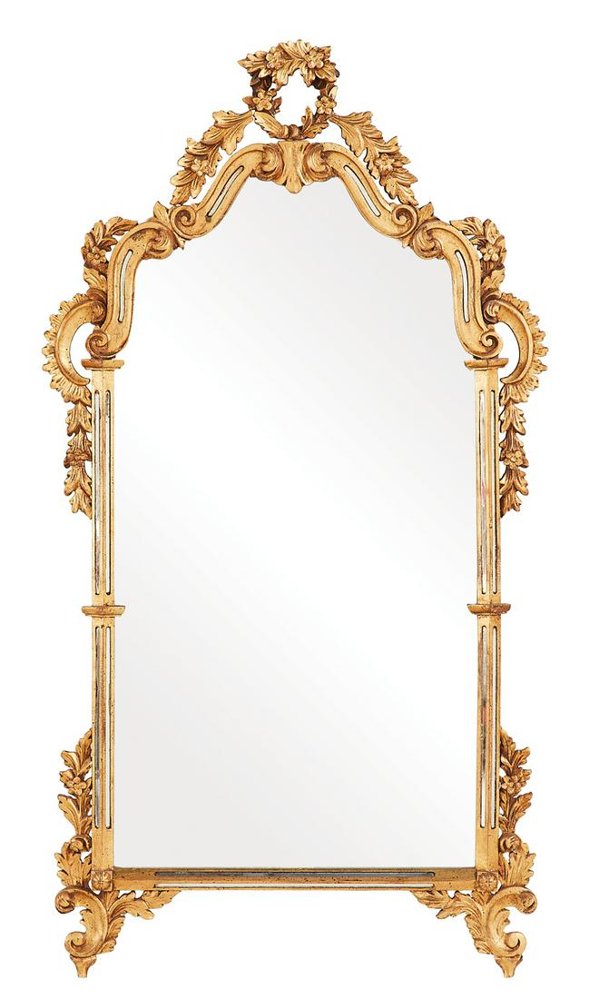 Italian Giltwood Mirror in the Baroque Taste: Italian Giltwood Mirror in the Baroque Taste 20th century, the giltwood surround decorated with inset mirror panels, the scroll-carved crest with a wreath of flowers, framed with carved leaves, the co