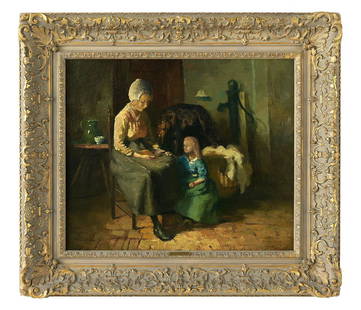 Manner of Bernard Pothast (Belgian, 1882-1966): Manner of Bernard Pothast (Belgian, 1882-1966) "Story-Time" oil on canvas inscribed "Pothast" lower right. Framed. 20-1/2" x 23-3/4", framed 29" x 32"