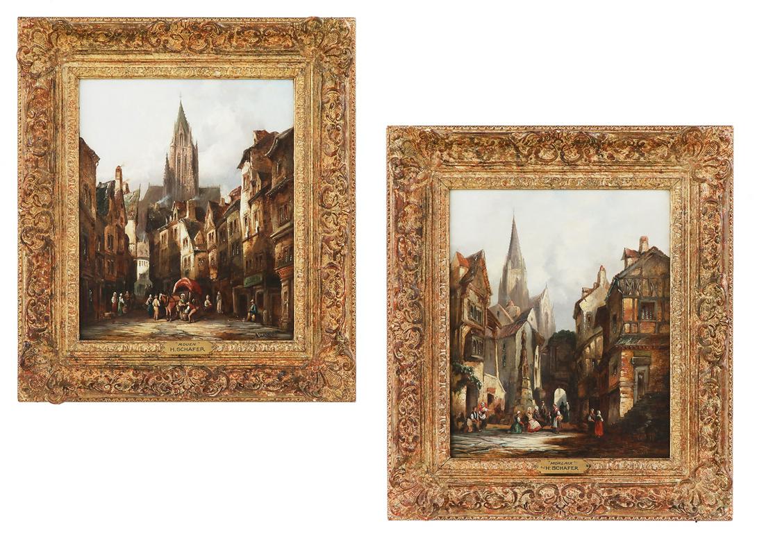 Henri Schafer (German/French, 1833-1916): Henri Schafer (German/French, 1833-1916) "Morlaix, Brittany", 1878 "Rue de Bac, Rouen, Normandy", 1890 pair of oils on canvas each signed lower right and dated right, and each signed and titled and "T