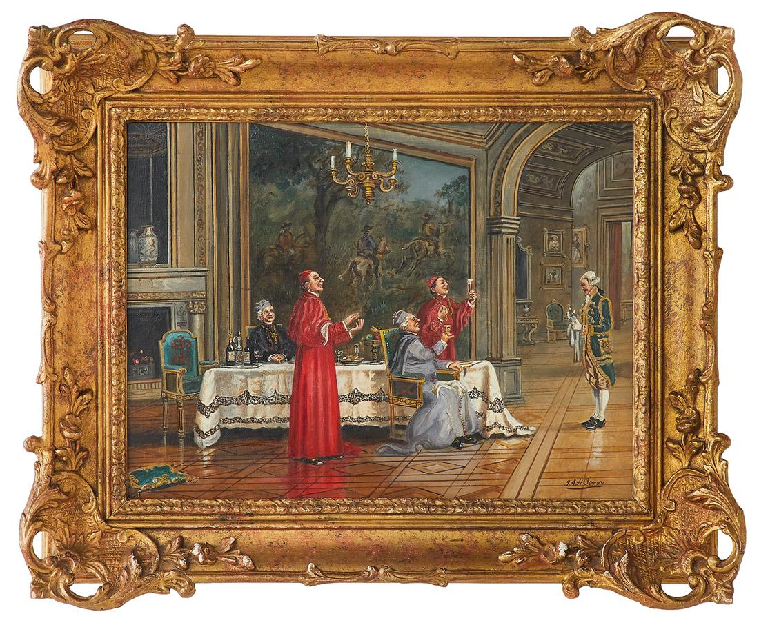 J.A.H. Terry (British, 19th Century): J.A.H. Terry (British, 19th Century) "Convivial Hierarchy" oil on wood panel signed lower right, and label with artist and title en verso. Framed. 12" x 16", framed 17" x 21"