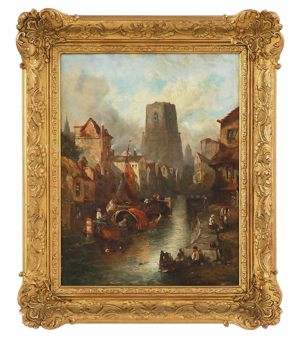 Manner of Charles H. J. Leickert (Belgian, 1816-1907): Manner of Charles Henri Joseph Leickert (Belgian, 1816-1907) "Rotterdam Scene" oil on canvas signed lower right. Framed. 18" x 14", framed 23-1/2" x 19-1/2" x 14", framed 23" x 19"