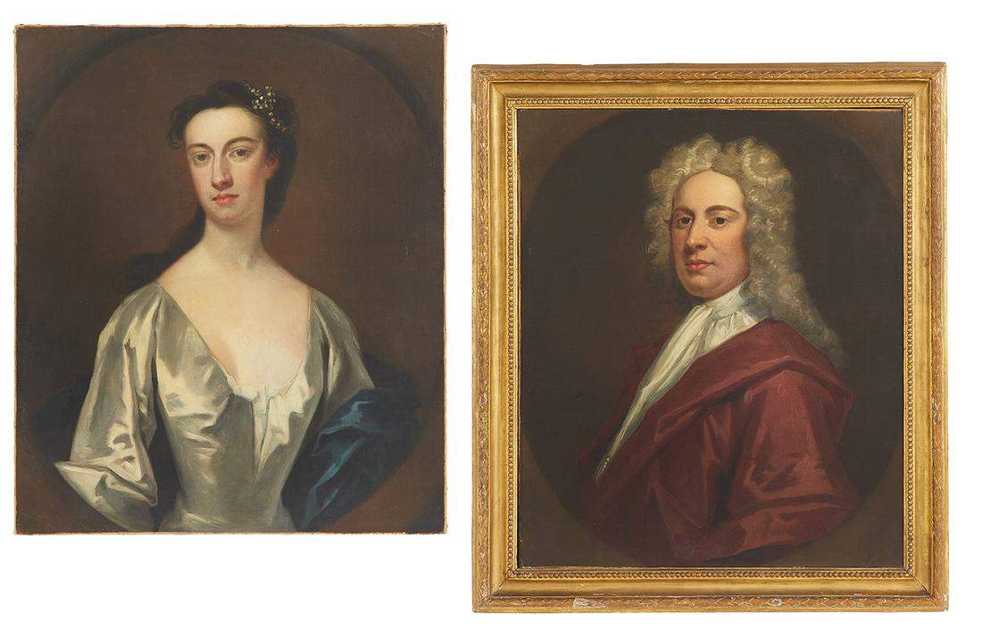John Vanderbank (British, 1694-1739): John Vanderbank (British, 1694-1739) "Portraits of Mr. and Mrs. Charles Taylor", 1726 pair of oils on canvas each signed and dated mid left. One unframed, the other in a Georgian gesso and giltwood fr