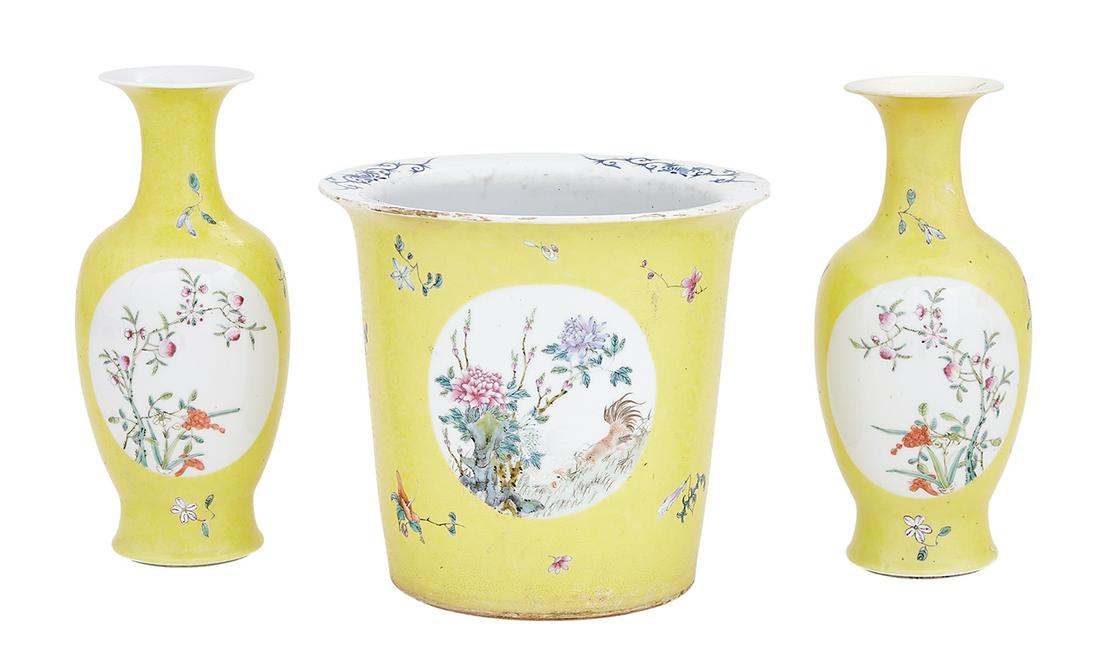 Pair of Famille Jaune Vases and a Cachepot (1 of 4)