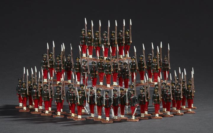 71st Coorg Rifles Lead Toy Soldiers: Fifty-Nine W. Britains Seventy-First Coorg Rifles Lead Toy Soldiers, comprising fifty-two privates at attention with shouldered rifles and seven officers at attention with drawn swords, 1:32 scale. Pr