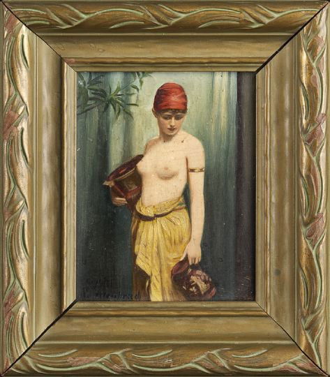 After Max Nonnenbruch (German, 1857-1922): After Max Nonnenbruch (German, 1857-1922) "The Water Carrier", oil on board, inscribed lower left "Copy Nonnenbruch", 5-1/4" x 4". Presented in a period Art Nouveau-style frame.