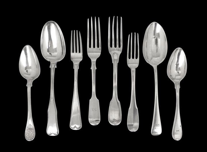 Eight Pieces of Assorted European Silver Flatware: Eight Pieces of Assorted European Silver Flatware, all .800 silver or better, including two British pieces, a "Fiddle" fork, Edinburgh, 1867-1868, by John Williamson, l. 8" and an "Old English" tables