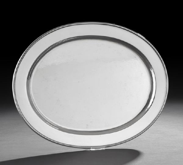 Georg Jensen Sterling Silver Meat Platter: Georg Jensen Sterling Silver Meat Platter, second quarter 20th century, Copenhagen, pattern number 210S, designed by Georg Jensen (1866-1935), with the 1933-1944 Jensen mark, of oval form with molded 