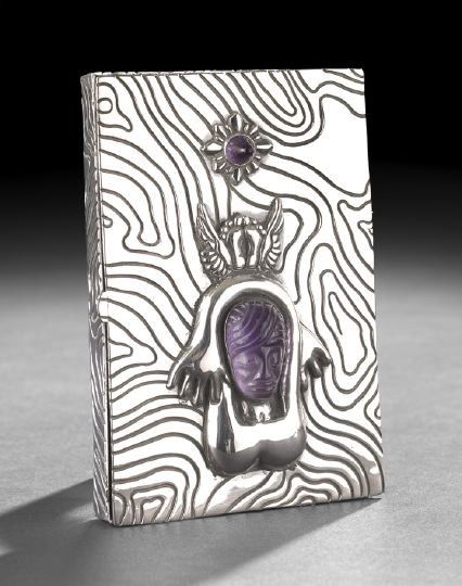 Hubert Harmon Sterling & Amethyst Cigarette Case: Good Hubert Harmon (b. 1913) Sterling Silver and Amethyst Cigarette Case, second quarter 20th century, Taxco, Mexico, of rectangular form, decorated with incised wavy lines, the hinged lid centered tw