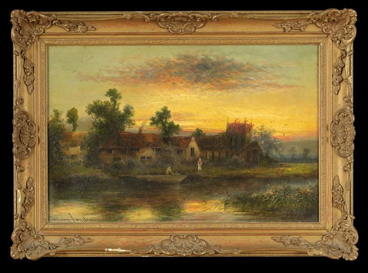 William Langley (British, 1852-1922): William Langley (British, 1852-1922) "Figure in a Boat, Docked at a Riverside Hamlet", oil on canvas, signed lower left "William Langley", 16" x 24". Presented in a giltwood and gesso frame. Provenanc