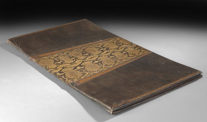 Art Deco-Style Leather & Snake Skin Desk Blotter: Large Art Deco-Style Chocolate Brown Leather and Snake Skin Desk Blotter, mid-20th century, the fold over leather cover centered with a python skin, w. 32-1/2", d. 18-1/2".