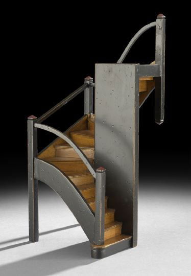 Architectural Model of a Staircase: Fruitwood and Ebonized Architectural Model of a Staircase, in the Mission Style, the banistered staircase with one turn, h. 15-1/4".