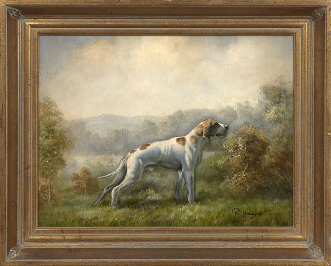 British School (Fourth Quarter 20th Century): British School (Fourth Quarter 20th Century) "Portrait of a Beagle in an Expansive Landscape", oil on canvas, signed lower right "P. Johnson", 12" x 16". Presented in a molded giltwood frame.