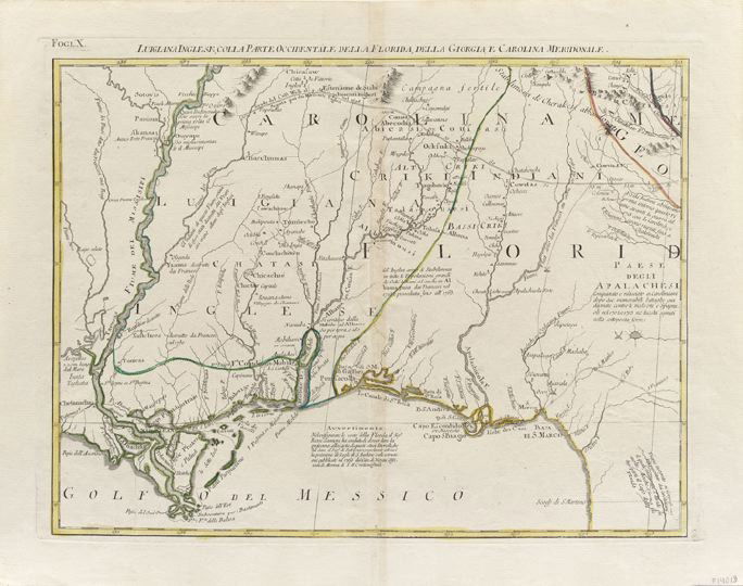 18th Century Hand-Colored Engraved Map: 18th Century Hand-Colored Engraved Map of "Luigiana Inglese, colla Parte Occidentale della Florida, della Giorgia, e Carolina Meridonale" by Antonio Zatta, Venice 1778, printed from copperplate in the