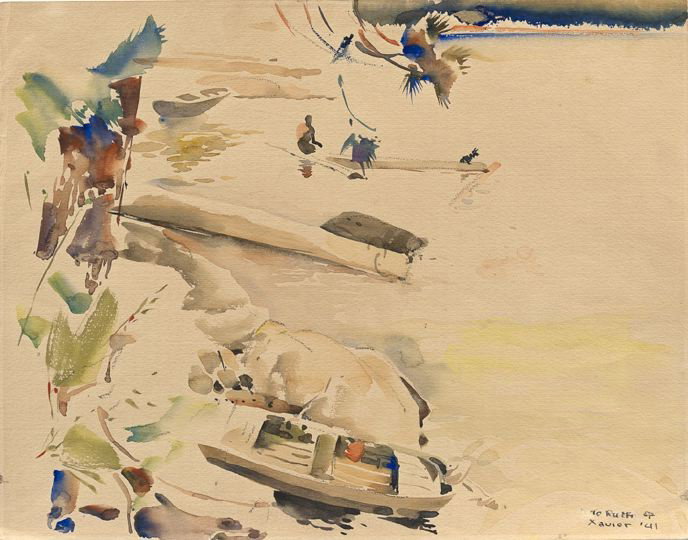 Xavier Gonzalez (American, 1898-1993): Xavier Gonzalez (American, 1898-1993) "Coastal Landscape with a Skiff", watercolor on paper, signed lower right "To Ruth Xavier '41", sheet size 13-3/4" x 18". Unframed.