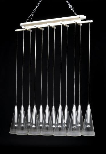 Fuschia Twelve-Light Hanging Fixture: Fuschia Twelve-Light Hanging Fixture, designed by Achille Castiglioni and manufactured by Flos, the anodized aluminum ceiling plate and frame mounted with pendant lights, each with clear and frosted b