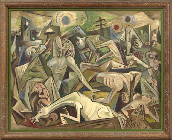 Charles Malcolm Campbell (American, 1905-1985): Charles Malcolm Campbell (American, 1905-1985) "After Guernica", oil on canvas, unsigned, reverse with the artist inventory label printed with the artist's name and title of work, 28" x 36". Presented
